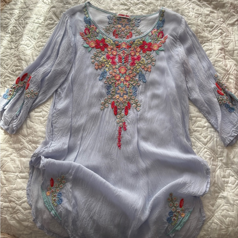 Johnny Was Sz M Embroidered Light Blue  Tunic Top
